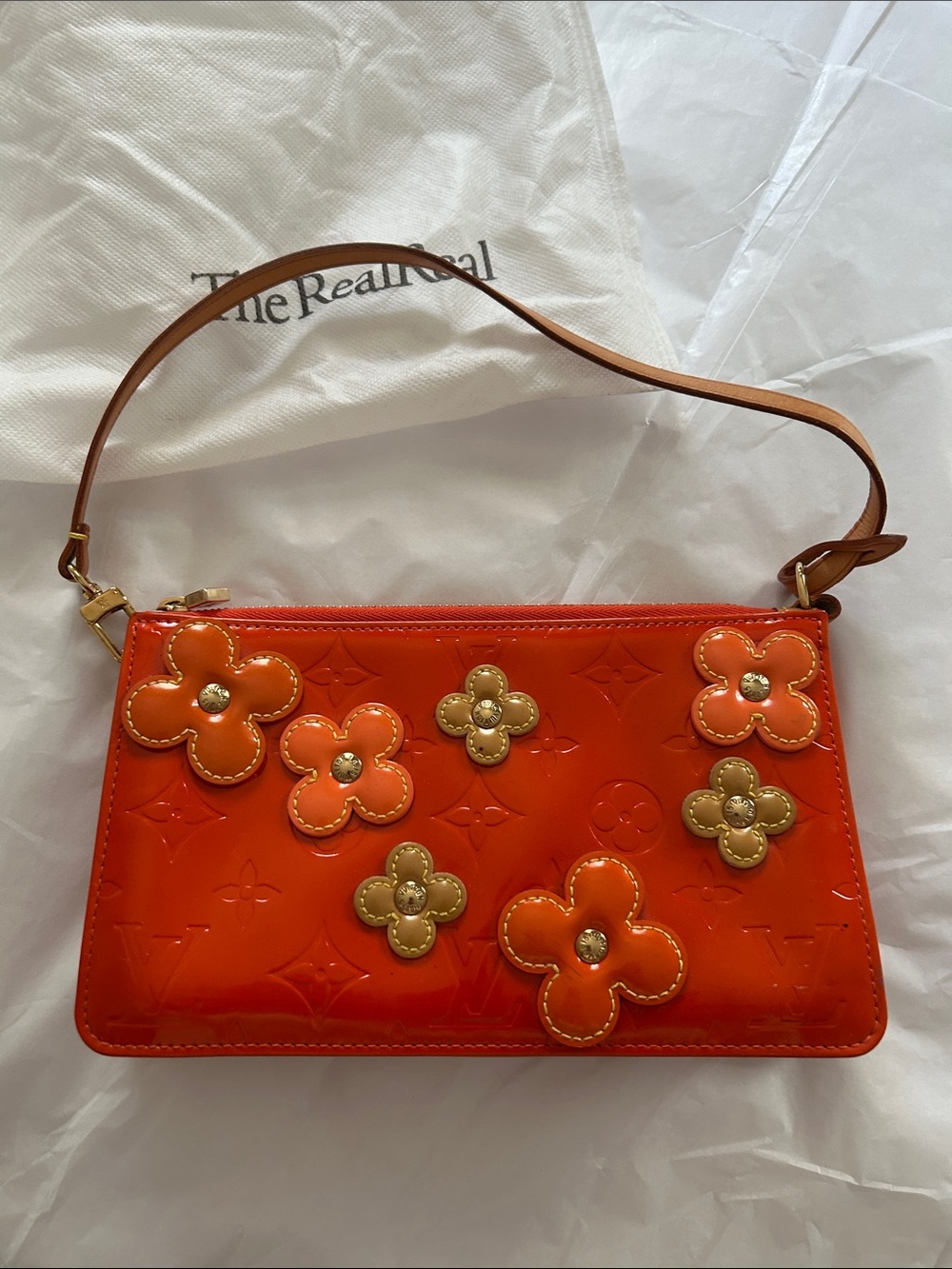 Louis Vuitton Orange Vernis Floral Appliqué Shoulder Pochette